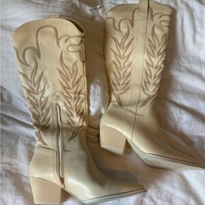 Cream Western Embroidered Mid-Calf Boots - Women